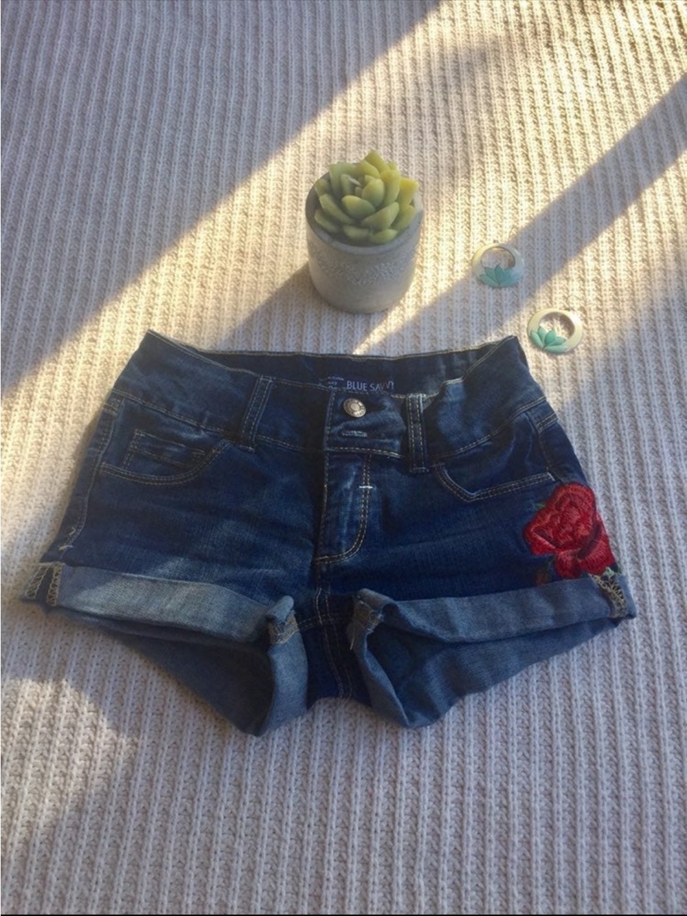 Denim Embroidered Rose Cuffed Shorts